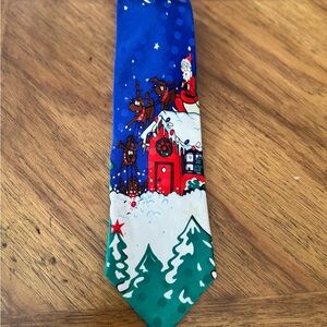 Festive Holiday Tie with Santa and Reindeer - Blue and Green